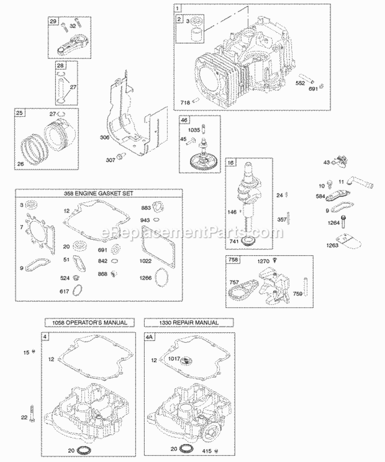 Camshaft Crankshaft Cylinder Engine Sump Gasket Set - Engine Piston Rings Connecting Rod Diagram and Parts List for 285H07-0126-E1  Briggs and Stratton Engine